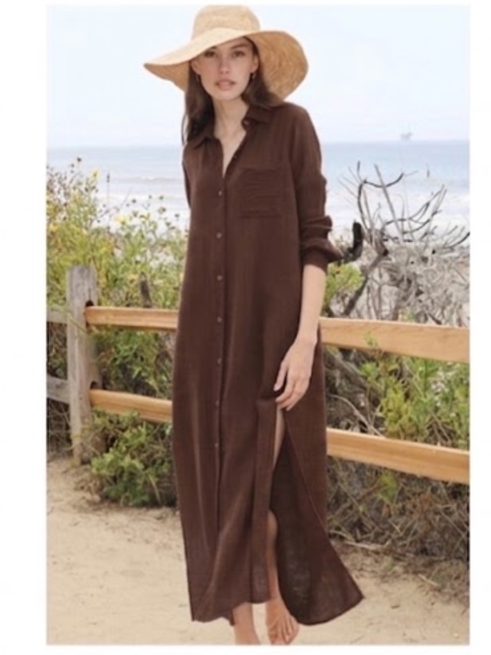 NEW Felicite boyfriend Maxi Dress 100% Gauze Cotton brown shirtdress Resort